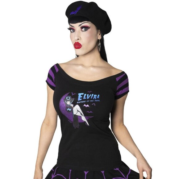 Elvira Glitter Moon Black Purple Stripe Off Shoulder Top Tee S-M-L-XL-2XL-3XL - Picture 2 of 4